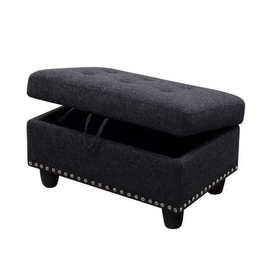 Black Linen Upholstered Storage Ottoman