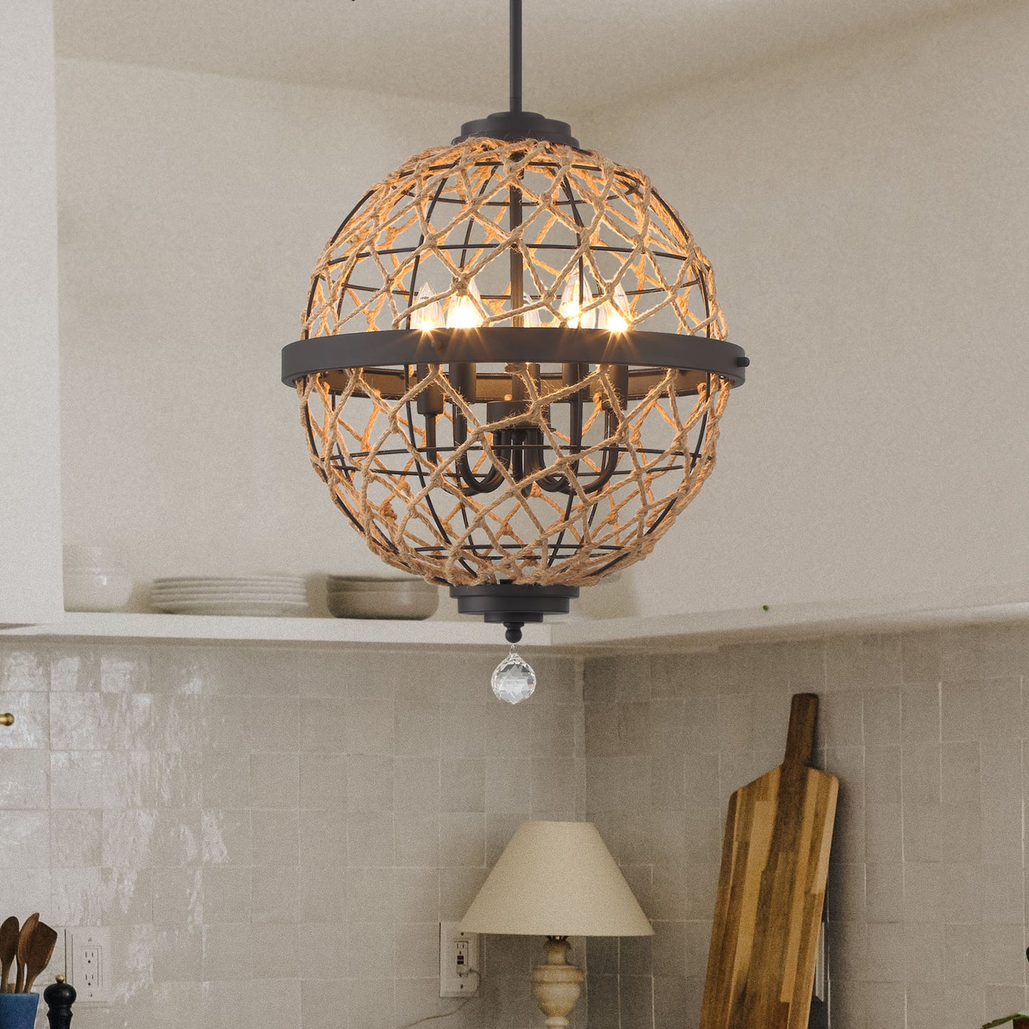 5-Light Sphere Globe Chandelier with Rope Accents