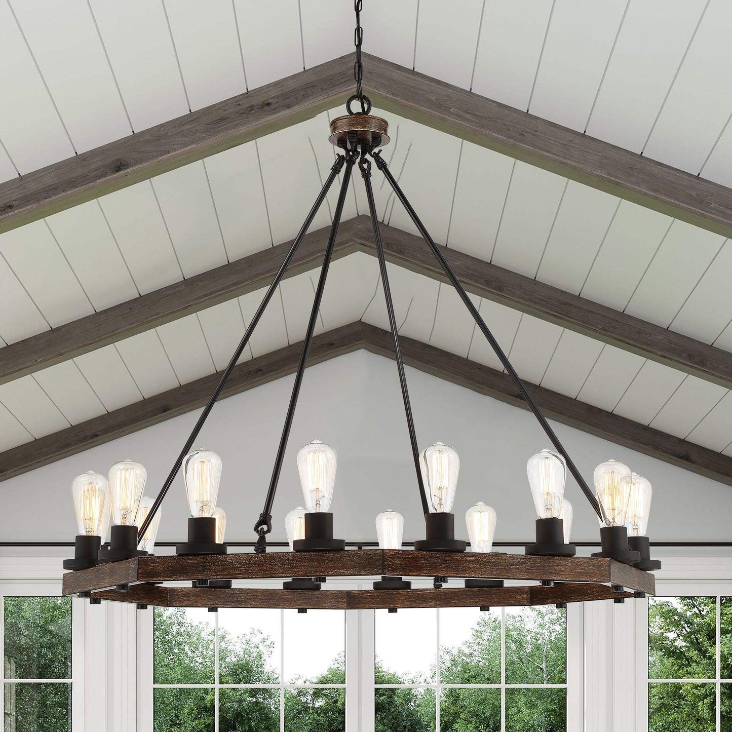 0416-16 Light 42 Inch Modern Farmhouse Rustic Cottage Wagon Wheel Chandelier Bedroom Livingroom Kitchen Foyer Dining Dimmable LED High Ceiling - ACROMA