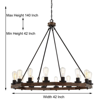 0416-16 Light 42 Inch Modern Farmhouse Rustic Cottage Wagon Wheel Chandelier Bedroom Livingroom Kitchen Foyer Dining Dimmable LED High Ceiling - ACROMA
