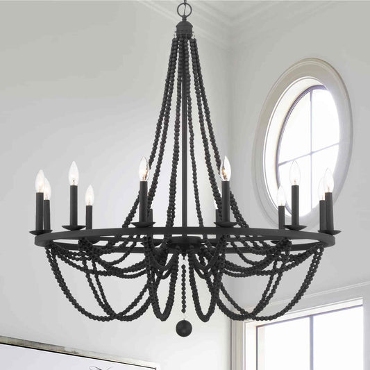 12 light candle style wagon wheel wood beaded chandelier (1) by ACROMA